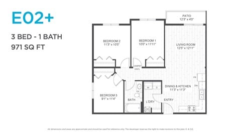Floor plan for 3 beds, 1 bath, 971 sqft